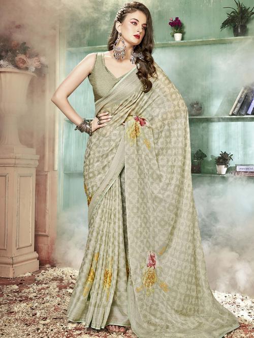 green chiffon printed saree with blouse - 19495962 - Very Small Image - 1