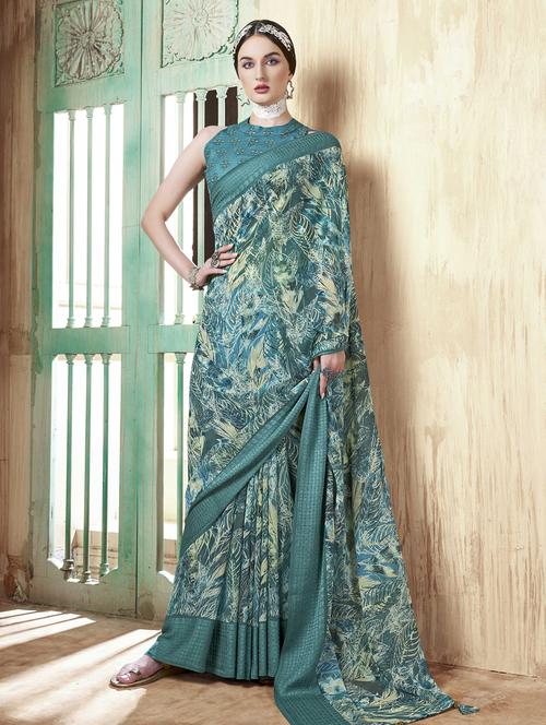 blue georgette printed saree with blouse - 19495975 - Very Small Image - 1