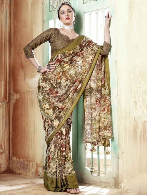 contrast bordered printed saree - 19495977 - Very Small Image - 1