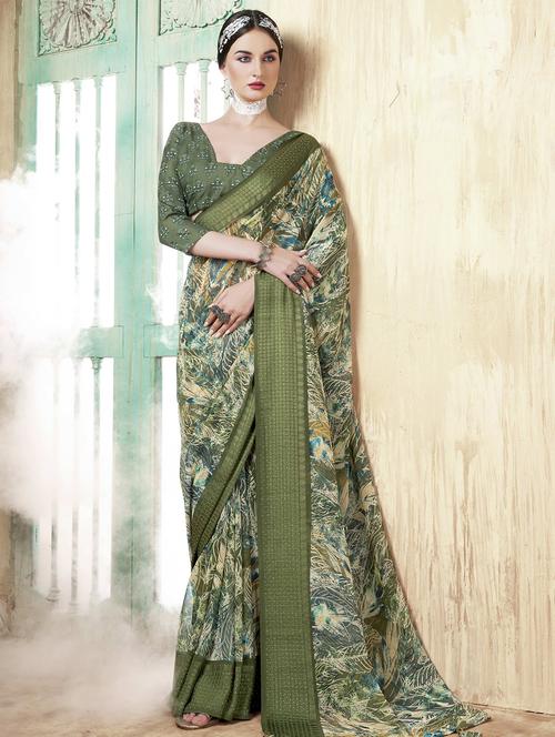 contrast bordered printed saree with blouse - 19495979 - Very Small Image - 1