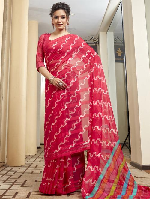 red chiffon printed saree with blouse - 19496053 - Very Small Image - 1