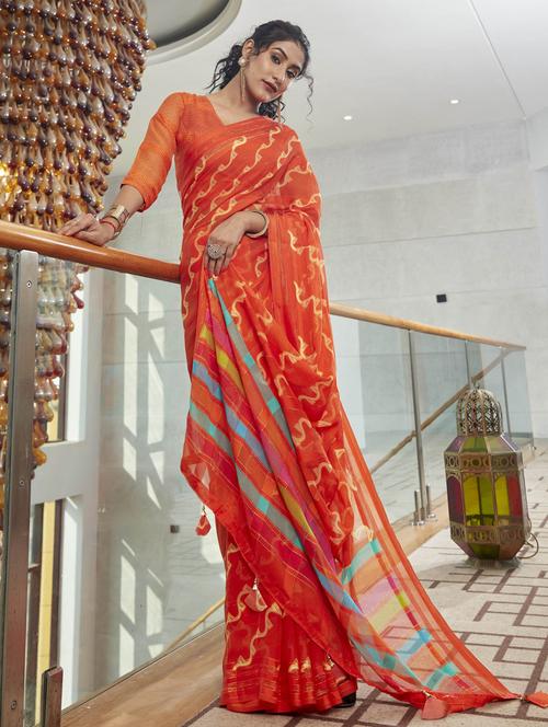 orange printed saree with blouse - 19496056 - Very Small Image - 1