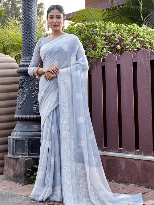 grey printed saree with blouse - 19496113 - Very Small Image - 1