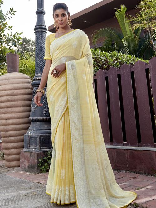 yellow printed saree with blouse - 19496114 - Very Small Image - 1