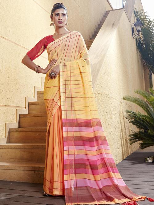 yellow printed saree with blouse - 19496135 - Very Small Image - 1