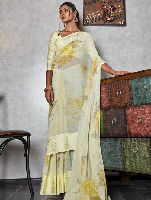 yellow printed saree with blouse - 19496143 - Very Small Image - 1