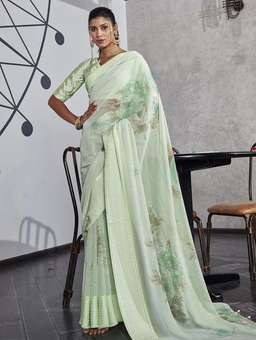 green printed saree with blouse - 19496146 - Very Small Image - 1