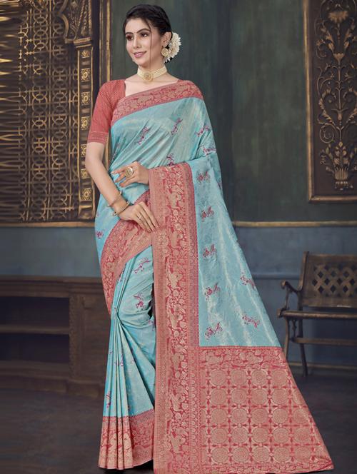 contrast bordered woven saree with blouse - 19496190 - Very Small Image - 1