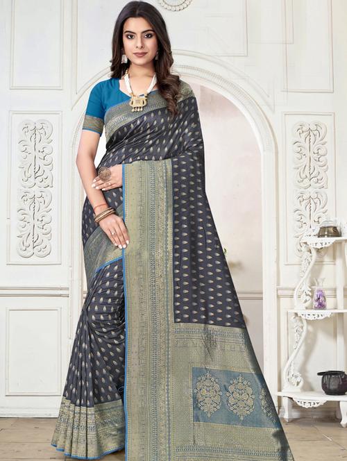 contrast bordered woven saree with blouse - 19496194 - Very Small Image - 1