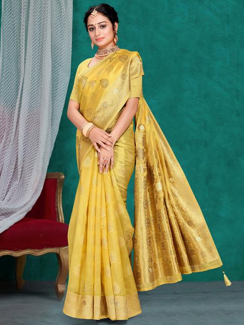 contrast bordered woven saree with blouse - 19496201 - Very Small Image - 1