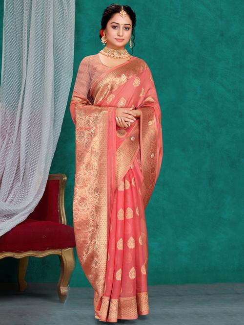contrast bordered woven saree with blouse - 19496202 - Very Small Image - 1