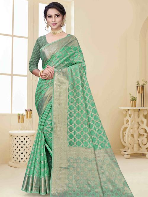 contrast bordered woven saree with blouse - 19496220 - Very Small Image - 1