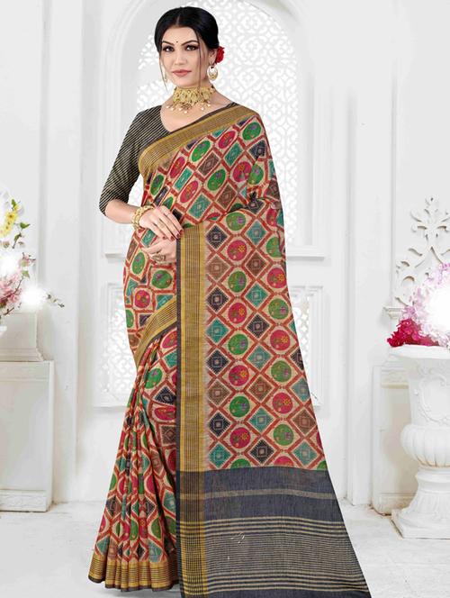 contrast bordered printed saree with blouse - 19496226 - Very Small Image - 1