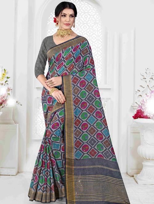 contrast bordered printed saree - 19496227 - Very Small Image - 1