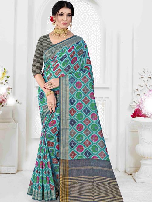 contrast bordered printed saree with blouse - 19496228 - Very Small Image - 1
