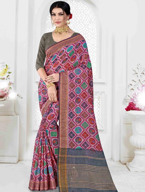 contrast bordered printed saree with blouse - 19496230 - Very Small Image - 1