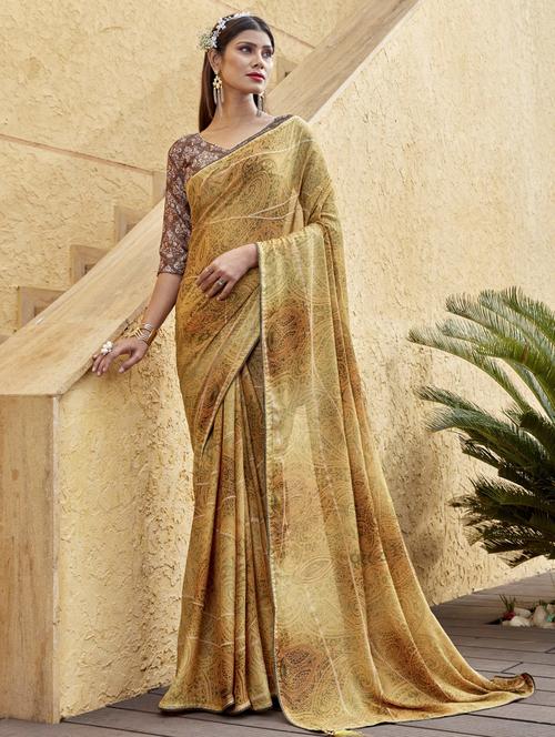 yellow printed saree with blouse - 19496254 - Very Small Image - 1