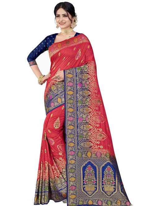contrast bordered woven saree with blouse - 19496281 - Very Small Image - 1