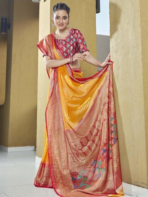 yellow printed saree with blouse - 19496296 - Very Small Image - 1