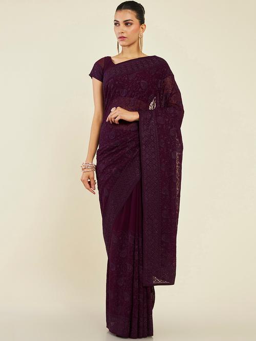 women's self design burgundy colored saree with blouse - 19496526 - Very Small Image - 1