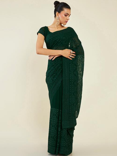 women's self design green colored saree with blouse - 19496528 - Very Small Image - 1