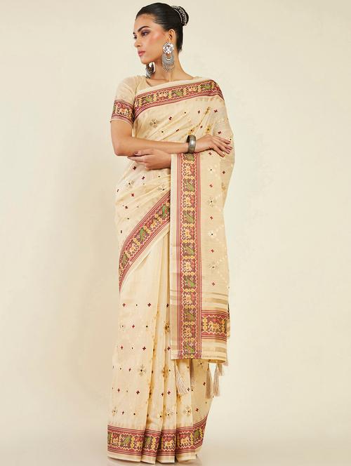 women's self design cream colored saree - 19496538 - Very Small Image - 1