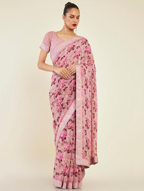 women's floral pink colored saree with blouse - 19496556 - Very Small Image - 1