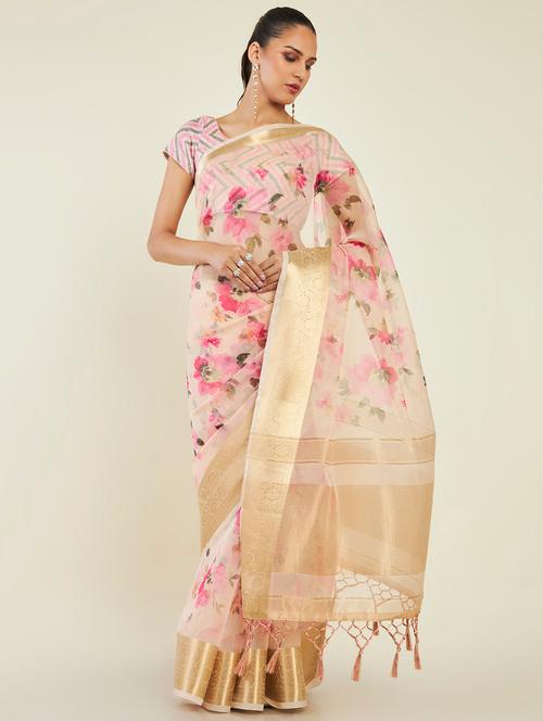 women's self design peach colored saree with blouse - 19496570 - Very Small Image - 1