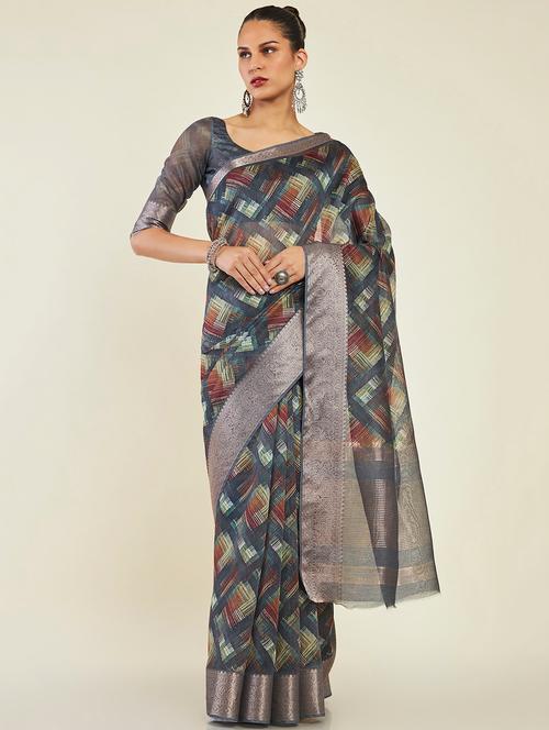 women's abstract grey colored saree with blouse - 19496576 - Very Small Image - 1