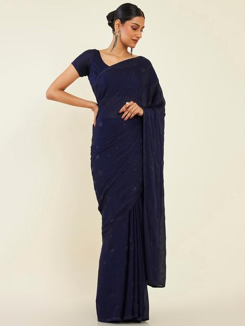 women's solid navy blue colored saree with blouse - 19496586 - Very Small Image - 1