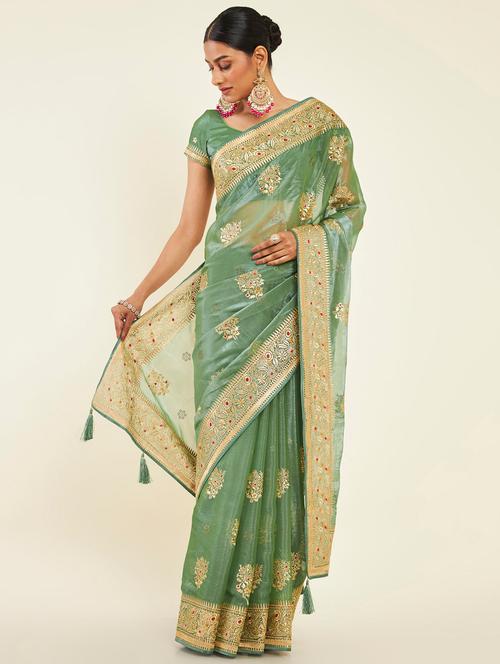 contrast bordered woven saree with blouse - 19496601 - Very Small Image - 1