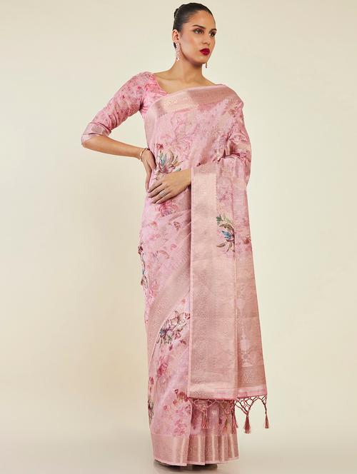 women's floral nude colored saree with blouse - 19496614 - Very Small Image - 1