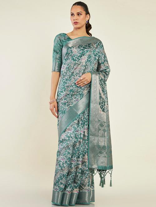 women's printed blue colored saree with blouse - 19496615 - Very Small Image - 1