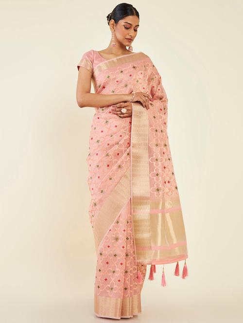women's self design peach colored saree with blouse - 19496626 - Very Small Image - 1