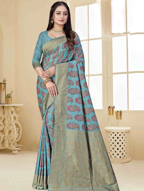 self design printed saree with blouse - 19496825 - Very Small Image - 1