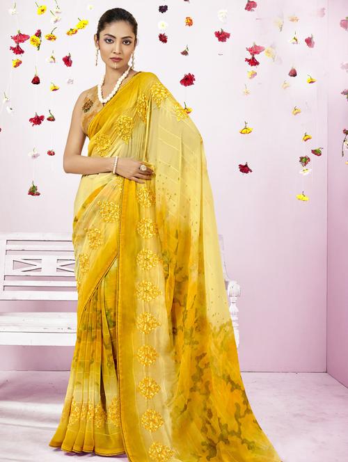 women's floral yellow colored saree with blouse - 19496967 - Very Small Image - 1