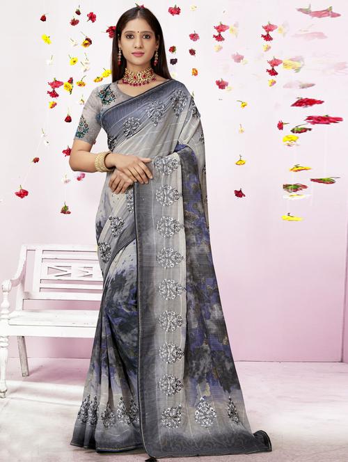 women's solid with work grey colored saree - 19496968 - Very Small Image - 1