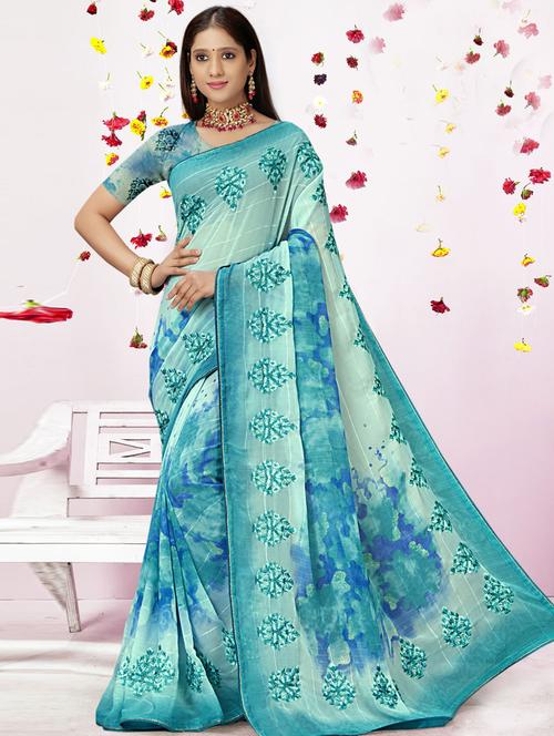women's floral aqua blue colored saree - 19496970 - Very Small Image - 1