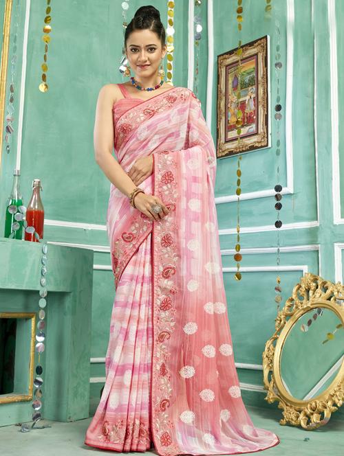 florals printed saree with blouse - 19496991 - Very Small Image - 1