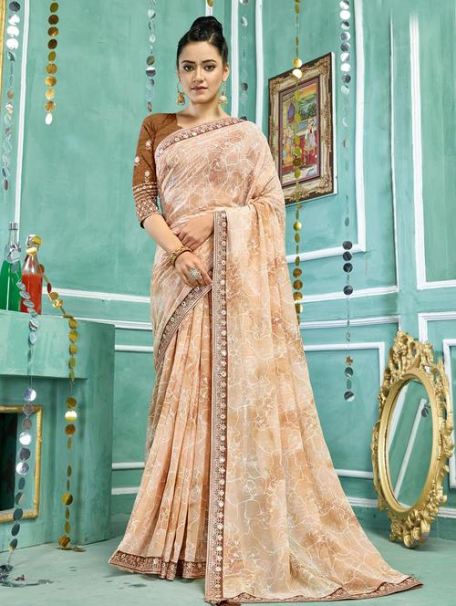 women's floral beige colored saree with blouse - 19497004 - Very Small Image - 1