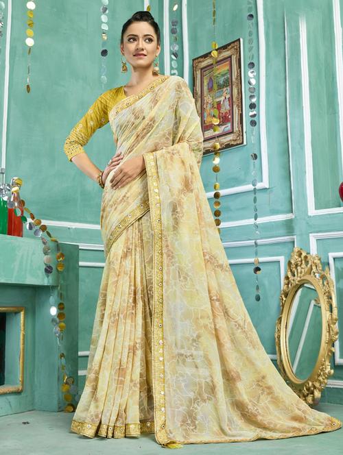 women's floral yellow colored saree with blouse - 19497005 - Very Small Image - 1