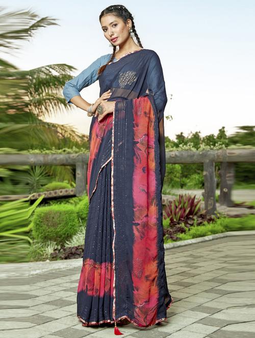 women's printed indigo colored saree - 19497057 - Very Small Image - 1