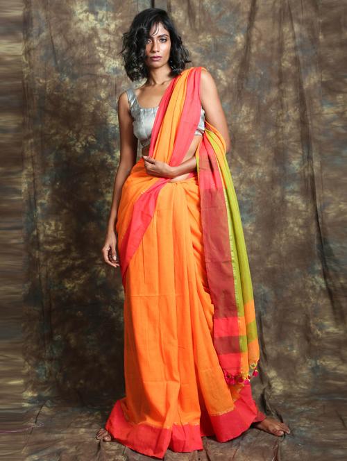 yellow cotton blend plain saree - 19497679 - Very Small Image - 1