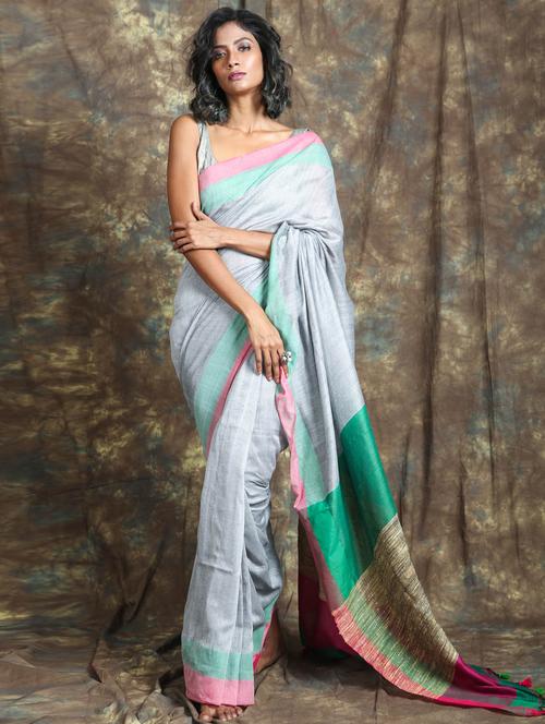 silver cotton blend plain saree - 19497696 - Very Small Image - 1