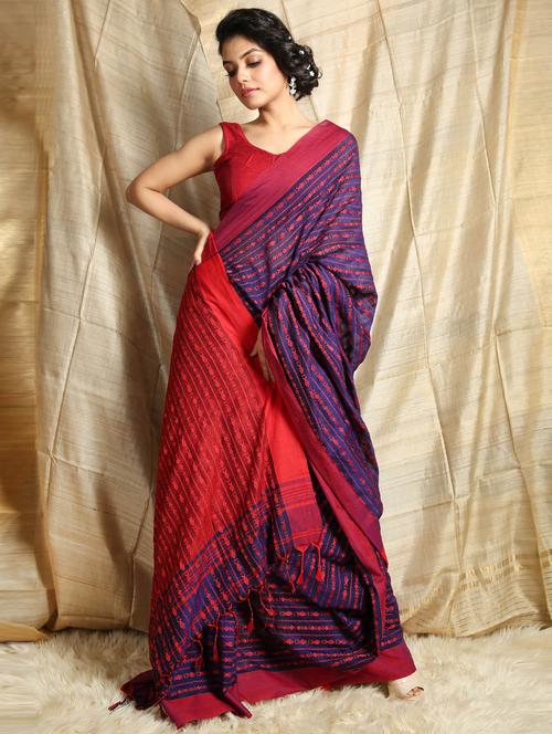 blue cotton blend plain saree with blouse - 19497710 - Very Small Image - 1