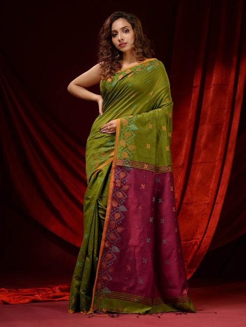olive self design woven saree with blouse - 19498180 - Very Small Image - 1