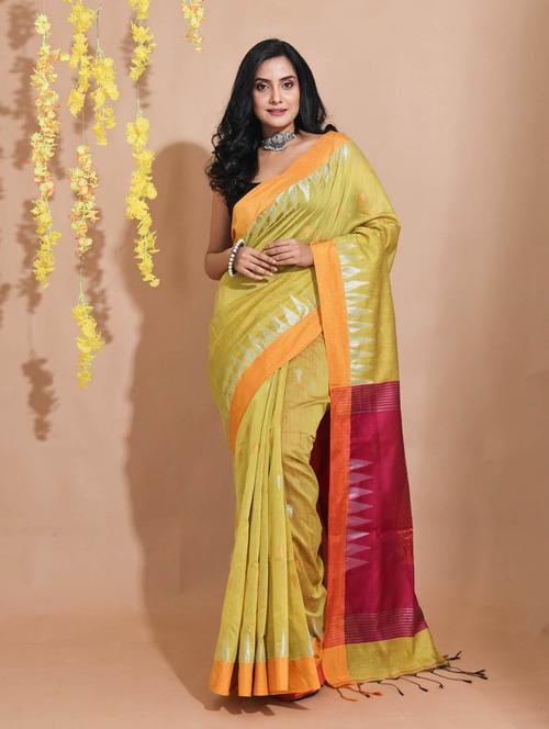 yellow self design woven saree with blouse - 19498246 - Very Small Image - 1