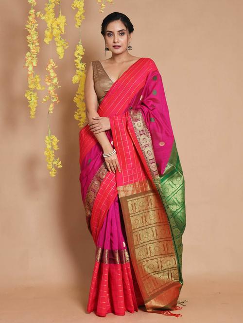 magenta self design woven saree with blouse - 19498301 - Very Small Image - 1