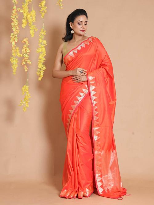 orange self design woven saree with blouse - 19498327 - Very Small Image - 1