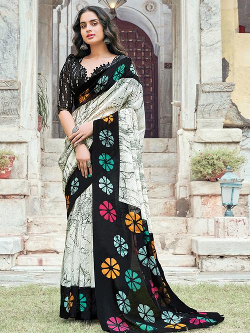 offwhite cotton printed saree - 19501326 - Very Small Image - 1